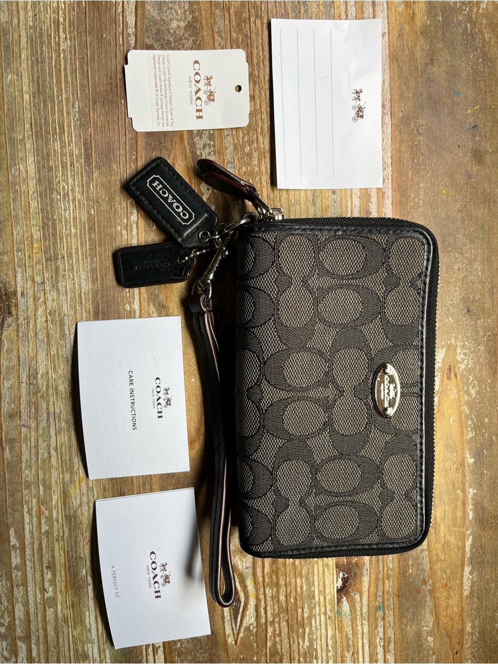 Coach Charcoal Signature Canvas Accordian Zip Wallet No. F53537